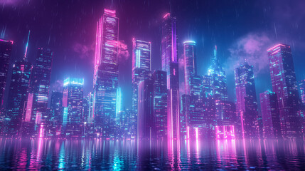 Nighttime view of a technologically advanced city with sleek, illuminated skyscrapers. Premium background for the latest technology needs