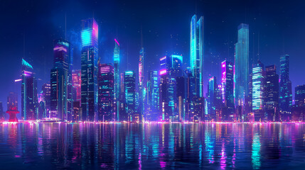 Nighttime view of a technologically advanced city with sleek, illuminated skyscrapers. Premium background for the latest technology needs