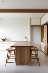 Luxury Kitchen Interior in white with wooden floor and kitchen island. Modern kitchen interior in modern colors