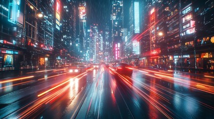 Fototapeta premium Futuristic cityscape with bright lights at night - generative ai