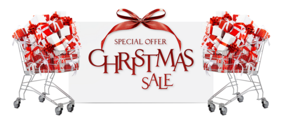 Shopping trolley filled with Christmas presents, red gift boxes adorned with ribbon bows, isolated with poster and text written. Banner for sales promotion, online shopping, or special offer
