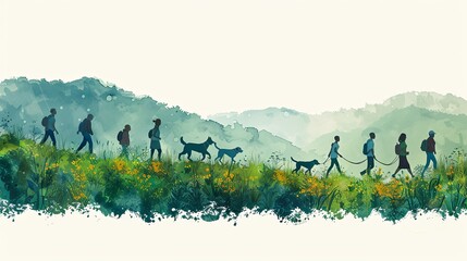 Group of diverse people walking dogs in a park with hills and clouds in the background