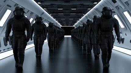 Futuristic space troopers marching in spaceship corridor