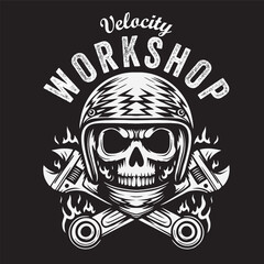 Vintage illustration of a skull head with helmet and wrench