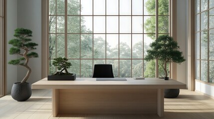 A minimalist Japandi home office with a clean