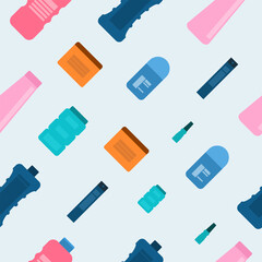 Seamless pattern of colorful cosmetic containers and bottles for beauty and hygiene products on a light blue background. Modern flat design for packaging, advertising, or branding projects