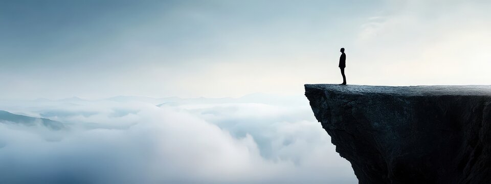 A person standing at the edge of a dark cliff, looking down into an abyss, symbolizing hopelessness.