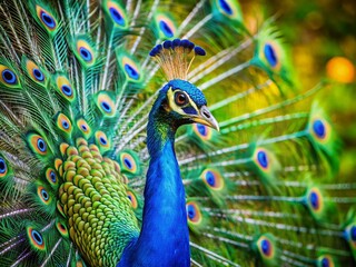 Obraz premium Majestic Peafowl Bird Displaying Vibrant Plumage in Nature, Capturing the Beauty of Wildlife and Exotic Birds in the