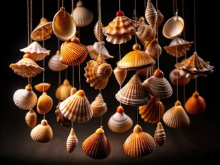 Mesmerizing low-light photography showcases an isolated sea shell mobile, delicately suspended against a rich black background, highlighting its unique textures and shapes beautifully.