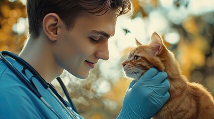 A veterinarian examines a cat. The image shows a close-up of a veterinarian gently examining a cat, ideal for promoting pet care services.