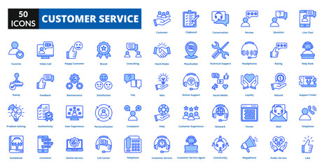 Customer service blue icon collection set. includes customer, service, support, client, advice, quality, satisfaction, reliable
