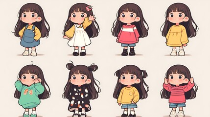 Cute cartoon girl character in different outfits.
