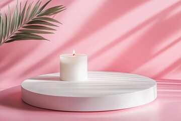 Serene candlelight with palm shadow on pink background