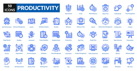 Productivity blue icon collection set. includes strategy, goal, time management, to do list, project, performance, process, profit
