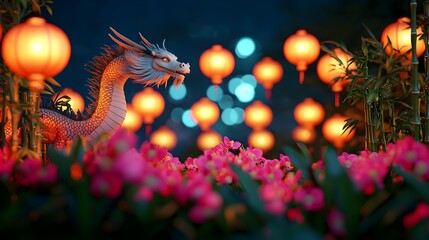 Obraz premium Graceful Dragon Hovering Above Festive Bamboo and Orchid Landscape