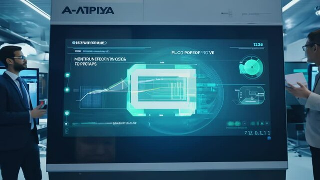 AI-powered machine analyzes product design prototypes in a sleek R D lab as engineers observe, with real-time suggestions displayed on a large screen