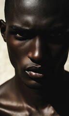 Close-up portrait of a man with dark skin.