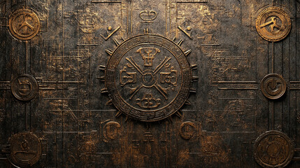 A wall of ancient runes and symbols depicting the legacy left by fantasy and steampunk craftsmanship in an otherworldly setting. The texture is detailed with metallic textures and patterns that evoke 
