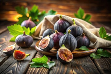 Ripe black figs artfully arranged in a fresh fruit composition, embodying culinary elegance and nature's essence, ideal for food photography or artistic inspiration.