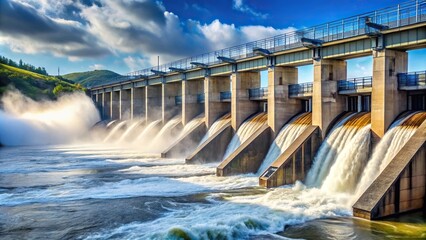 Close-up of hydroelectric power plant turbines and water spills