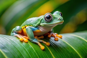 Obraz premium Closeup of Jade tree frog, Rhacophorus dulitensis, on green leaves