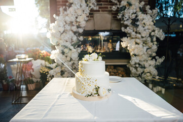 A beautiful wedding cake stands on a table in the sun