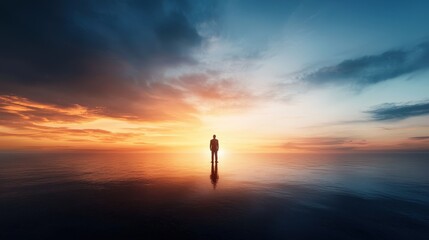 A person standing at the edge of a glowing sea, symbolizing the vastness of positivity.