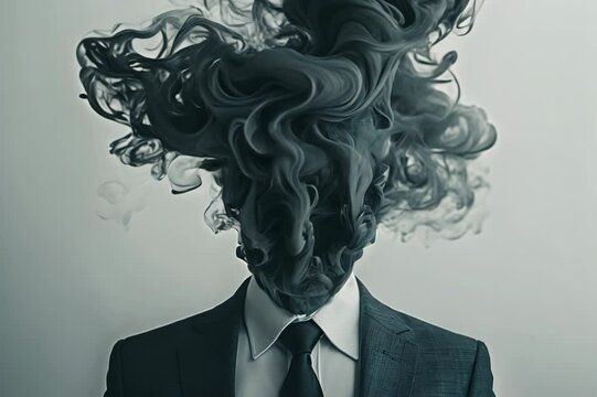 Unexpected transformation of a business professional into a cloud of smoke during a creative art event in an urban setting