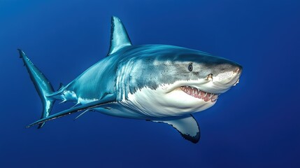 A close-up of a great white shark swimming in the deep blue ocean, revealing its sharp teeth and streamlined body. Perfect for marine life or adventure themes.
