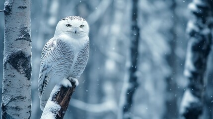 A stunning image of a snowy owl perched on a snow-covered branch in a dense, wintry forest. The owl white feathers contrast beautifully against the dark tree trunks and snow, highlighting its sharp