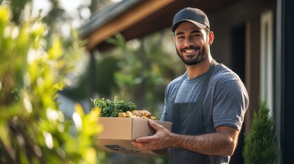 Smiling delivery man holding a box of fresh produce, wearing casual clothes and a cap, standing outdoors.