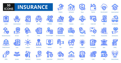 Insurance Blue icon collection set. includes finance, life, protect, health, family, business, insurance, safety, service
