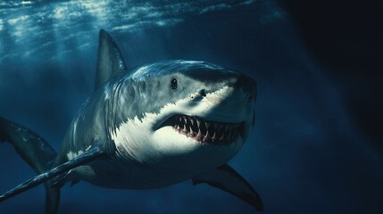 Fototapeta premium A close-up of a great white shark swimming in the deep blue ocean, revealing its sharp teeth and streamlined body. Perfect for marine life or adventure themes.