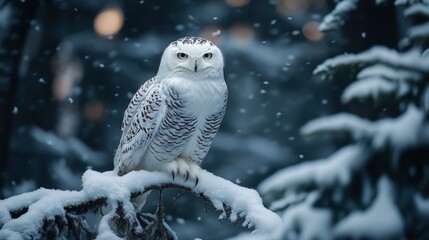 A stunning image of a snowy owl perched on a snow-covered branch in a dense, wintry forest. The owl white feathers contrast beautifully against the dark tree trunks and snow, highlighting its sharp