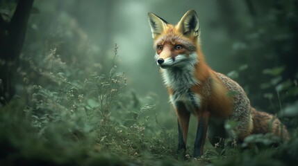 An enchanting photograph of a red fox stealthily moving through a misty forest, its reddish fur standing out vividly against the green and brown hues of the undergrowth. The foxâ€™s keen eyes and