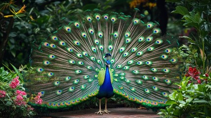 A vivid image of a vibrant peacock displaying its colorful plumage in a lush garden. The peacockâ€™s tail feathers fan out in a dazzling array of blues, greens, and golds, set against the backdrop of