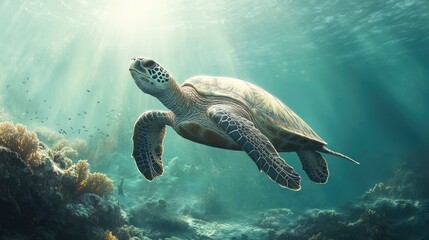 Obraz premium A serene photograph of a sea turtle gliding effortlessly through clear turquoise waters, with sunlight filtering down and casting a gentle glow on the turtle's shell. The surrounding coral reef and