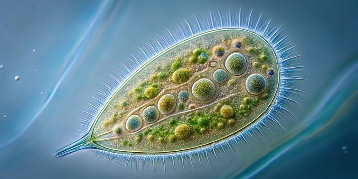 Close-up of minimalist ciliates Stentor observed in freshwater pond under light microscope
