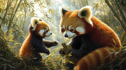 Fototapeta premium A heartwarming image of a family of red pandas playfully interacting in a bamboo forest. The baby red pandas are seen climbing and exploring, while the adult pandas keep a watchful eye, creating a