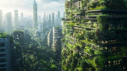 Obraz premium Sustainable green building in modern city. Green architecture. Eco-friendly building. Sustainable building with vertical garden reduce CO2. Futuristic building.