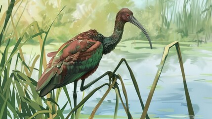 A Brown and Green Ibis Standing in a Pond Surrounded by Tall Grass