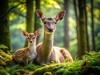 Fototapeta premium Stunning low-light photography captures a serene forest scene of a female Sika deer with her fawn, embodying the grace and tranquility of wildlife.