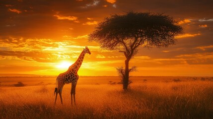 A dramatic photograph of a majestic giraffe grazing on the leaves of a tall acacia tree in the African savannah. The giraffeâ€™s long neck and distinctive spots are prominently displayed against the
