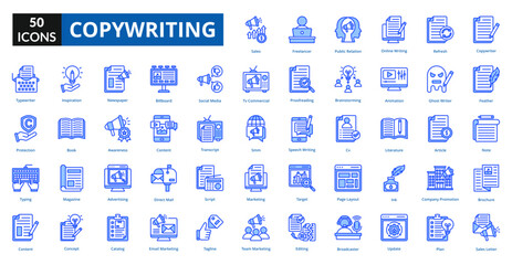 copywriting blue icon collection set. Includes working, online, job, internet, office, person, copywriting, technology
