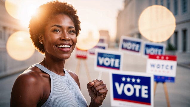 Giovane donna afro americana sorride felice dopo aver votato alle elezioni presidenziali, democrazia