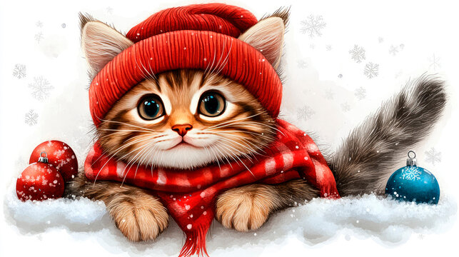 Christmas cat cute happy winter character.