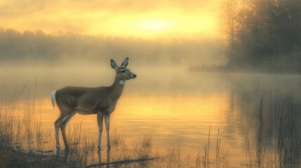 A serene image of a white-tailed deer standing by a tranquil lake at dawn. The soft morning light reflects off the calm water and illuminates the deer graceful form, surrounded by the misty, serene