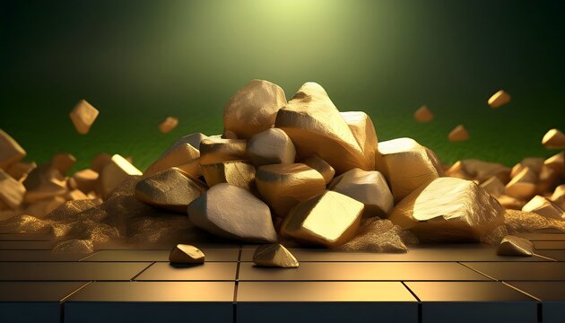 A pile of rough and impure gold Shine light on dark background.