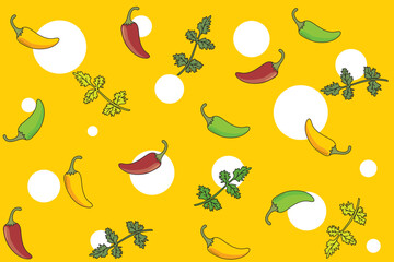 Illustration of chilli and leaf with white circle on yellow background.