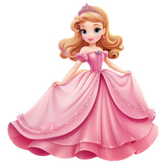 Fototapeta premium Beautiful Princess In Pink Ball Gown With Tiara And Curly Hair In Cartoon Style